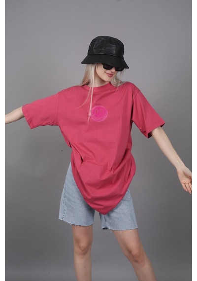 Madmext Pembe Baskılı Oversize Bisiklet Yaka Kadın Tişört-pembe Pembe