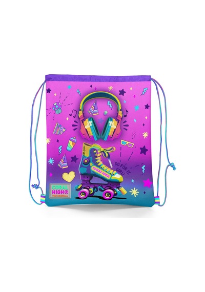 Coral High Kids Pembe Turkuaz Kulaklık Paten Desenli İpli Büzgülü Sırt Çantası 12647 Çok Renkli