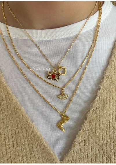 3 Lü Trend Tasarım Zincirli Yelpaze Kovboy Charm Gold Kolye Set Altın Altın