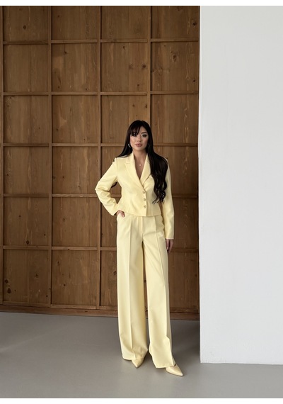 Lovelf Gold Düğmeli Kısa Ceketli Bol Paça Takım Limon