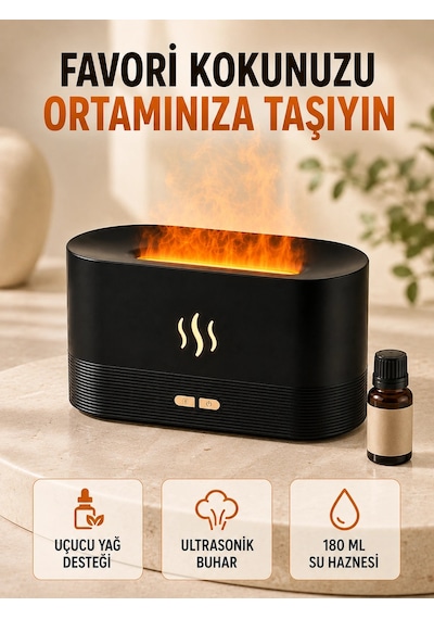 Mey İthalat Alev Efektli Aroma Difüzörü Uçucu Yağ Destekli Usb Hava Nemlendirici
