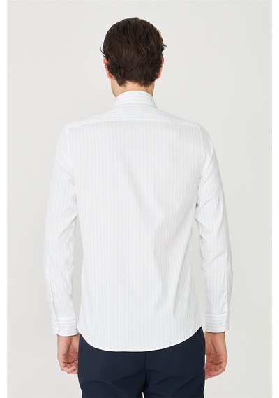 Mavi İnce Çizgili Uzun Kollu Gömlek Slim Fit Beyaz-mavi