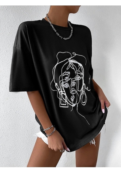 Flood Of Style Kadın Çizgili Figür Oversize Siyah T-shirt