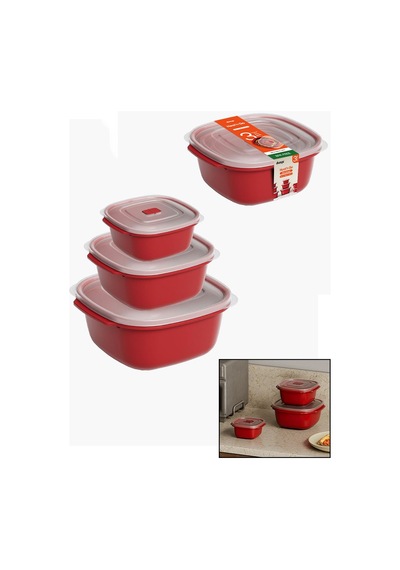 Kırmızı Kare Saklama Kabı Seti 550/1100/2200 Ml Çok Renkli