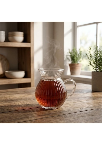 6'lı Kulplu Borosilikat Fitil Desenli Cam Çay Bardağı Seti - Geniş Ağızlı Tombul Tasarım, Isıya Dayanıklı Çay Takımı 180ml çok renkli