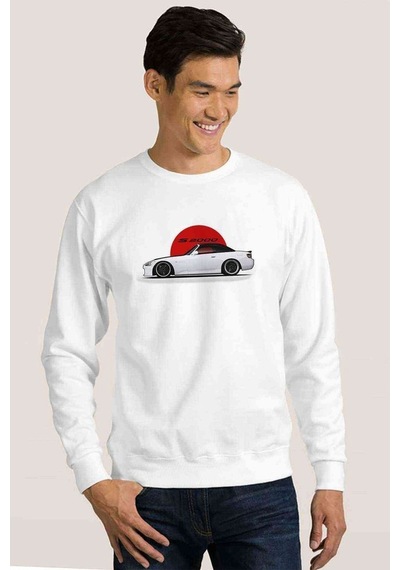 Araba S2000 Baskılı Beyaz Erkek Örme Sweatshirt (528479086)