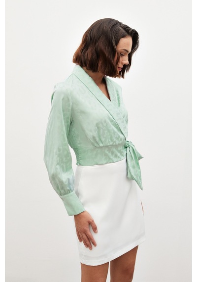 Sateen Yan Kuşaklı Saten Bluz - Mint-134493