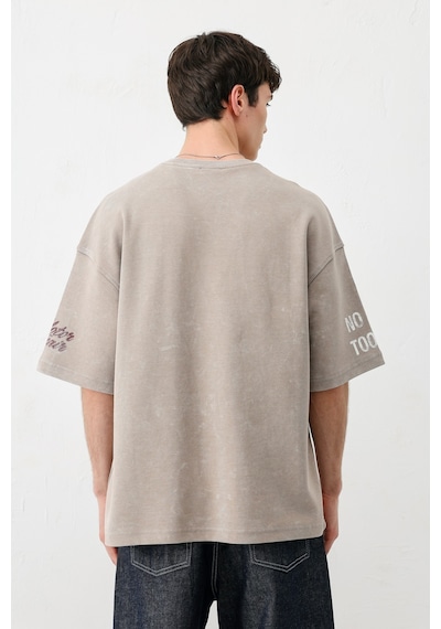 Vamos Oversize Baskılı Tişört V70-167 Vizon
