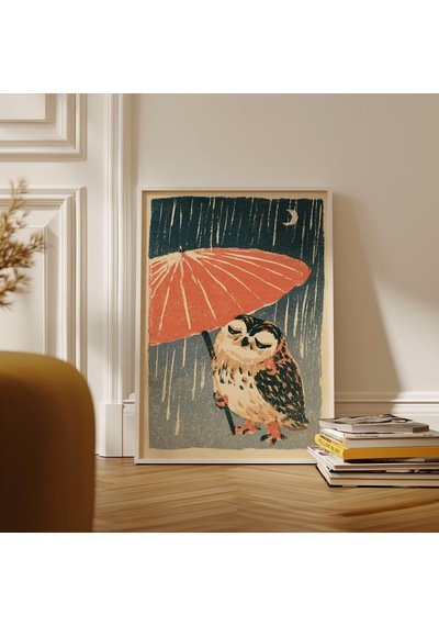 Yağmurda Baykuş Baskısı Japon Ahşap Baskı Tarzı Sanat Hüzünlü Gece Posteri