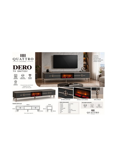 Dero Elektrikli Şömineli Antrasit Gümüş Detaylı Tv Ünitesi 160 Cm