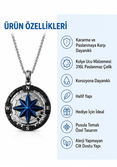 Premium Tasarım Paslanmaz Titanyum Çelik Mavi Detaylı Kuzey Yıldızı Gemici Pusula Kolye Mavi Gümüş