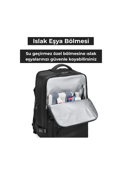 Su Geçirmez 16" İnç 39l Ayakkabı Bölmeli Seyahat Sırt Çantası - Laptop Bölmeli, Usb Şarj Girişli Siyah