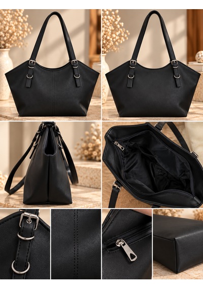 Elpida Bags Kadın Kemerli Suni Deri & Geniş Hacimli Omuz Çantası Siyah
