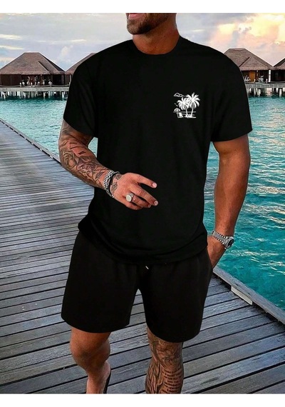 Palmiye T-shirt - Siyah Baskılı Oversize Bisiklet Yaka Kısa Kol Tişört Siyah