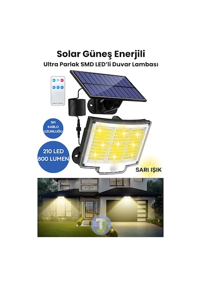 Technojet 220 Led Solar Duvar Lambası 5mt Kablo, Kumandalı, 3 Modlu, Ip65 Bahçe Aydınlatma Sarı Sarı