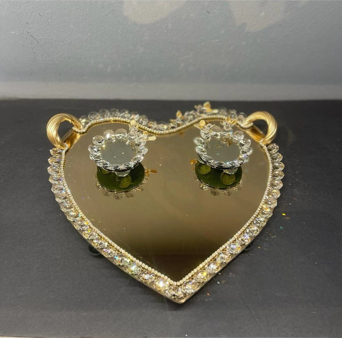 Dekoratif Kristal Cam Ayna Kalp Sunum Tepsisi Gold