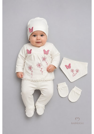 Babyden's Yenidoğan Kız Bebek Mevlit Takımı %100 Pamuk 5'li Hastane Çıkışı Kelebek Nakışlı Set Ekru