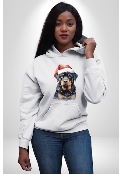 Yeni Yıl Noel Rottweiler Kadın Erkek Beyaz Kapüşonlu Sweatshirt Hoodie Beyaz
