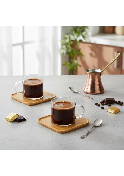 Bambu Tabaklı 2'li Cam Fincan Seti 150 Ml - Yuvarlak/kare Seçenekli Borosilikat Bitki Çayı Ve Double Kahve Fincanı Kare Tabaklı Çok Renkli