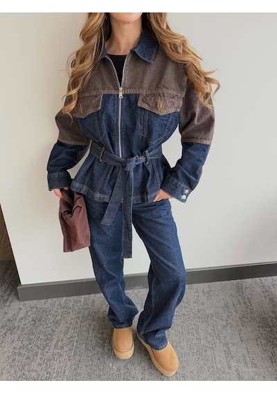 Laluvia Lacivert - Kahve Bağlamalı Ceket Pantolon Denim Takım - 0836 Lacivert