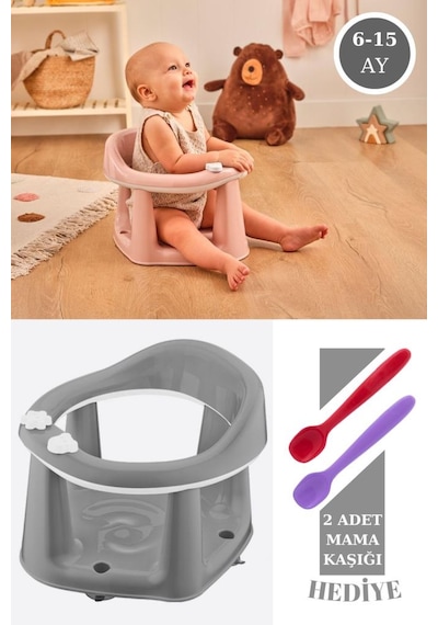 Flosoft Vakumlu Bebek Banyo & Mama Oturağı + Silicolife 2 Adet Silikon Mama Kaşığı Hediye Gri