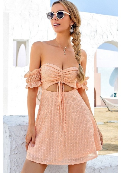Fashion Cocktail Düşük Omuz Göğüs Büzgülü Karın Pencereli Dekolte Kabartmalı Lifli Kumaş Şirin Mini Elbise Pudra Fashion Cocktail Düşük Omuz Göğüs Büzgülü Karın Pencereli Dekolte Kabartmalı Lifli Kumaş Şirin Mini Elbise Pudra