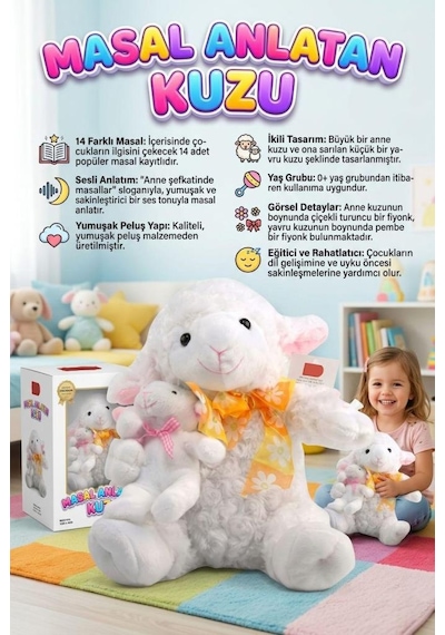 Masal Anlatan Kuzular Türkçe 14 Farklı Masal Anlatan 2 Figürlü Pilli Uyku Arkadaşı Oyuncak Peluş Beyaz