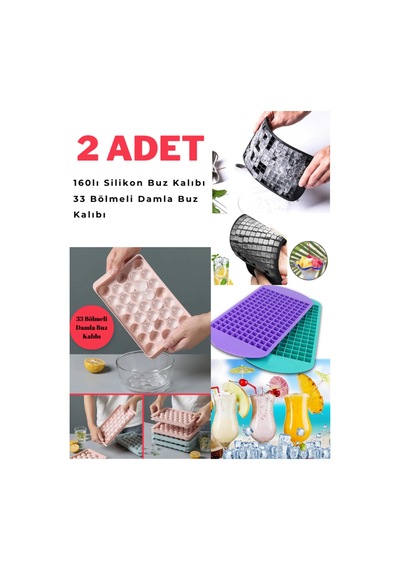 2 Adet 160lı Silikon Buz Kalıbı Ve 33 Bölmeli Pratik Kapaklı Damla Plastik Buz Kalıbı Plastik Diğer
