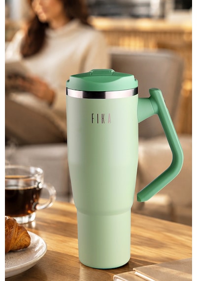 Fika Lumi Patentli Döner Kulplu Sızdırmaz Çelik Termos 1200 Ml - Bej Mint Yeşili