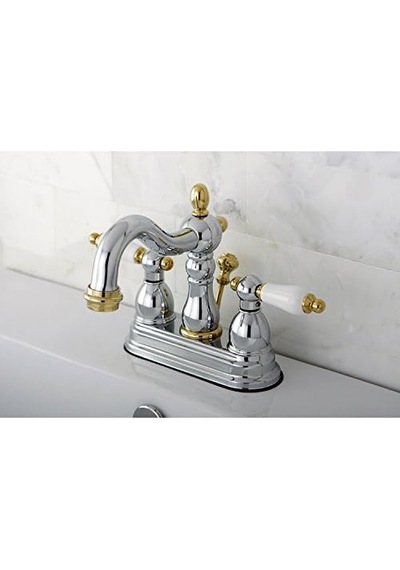 Brass Kb1604pl Heritage 4 İnç Centerset Lavabo Bataryası Porselen Kol Saplı, Parlak Krom Ve Parlak Pirinç