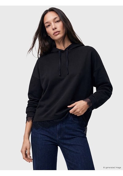 LC Waikiki Lc Waıkıkı Siyah Dantel Detaylı Soft Touch Oversize Kadın Hoodie