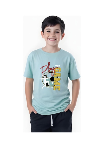 Panios Kids Play Game Baskılı Erkek Çocuk Kısa Kollu Yuvarlak Yaka T-shirt Mint Yeşili