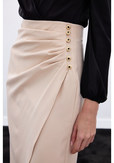 Sateen Düğme Detaylı Kalem Etek - Bej-136777 Bej