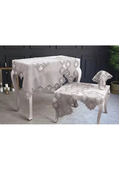 Salon Takımı 5 Parça Keten Dantelli Masa Örtüsü Runner Seti Çeyizlik Flowers Model Kapiçino Çok Renkli