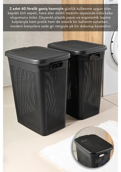 2'li Kirli Çamaşır Sepeti Seti - 40 Litre Kapaklı Delik Detaylı Stash Slim Kirli Sepeti Siyah Siyah