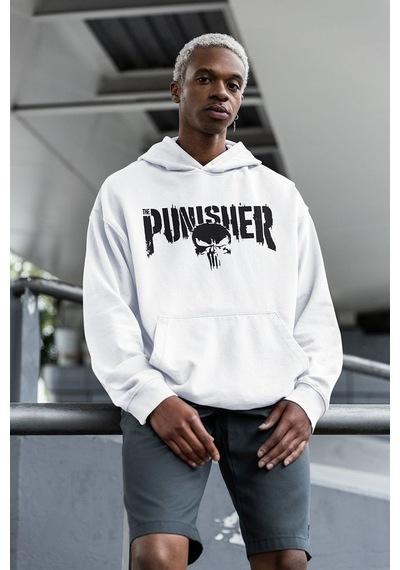 Sevbano Punisher Baskılı Unisex Oversize Hoodie Beyaz