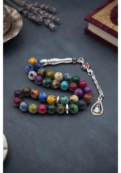 Doğal Jade Taşlı 33'lük Tesbih Metal Püsküllü 8mm Küre Kesim 902836