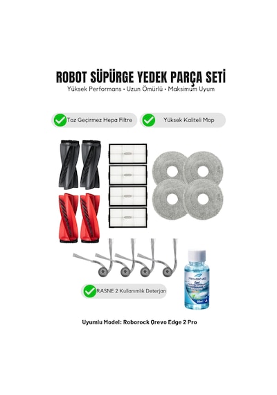 Roborock Qrevo Edge 2 Pro İle Uyumlu 2 Ana Fırça 4 Yan Fırça 4 Filtre 4 Mop 1 Deterjan 4.0