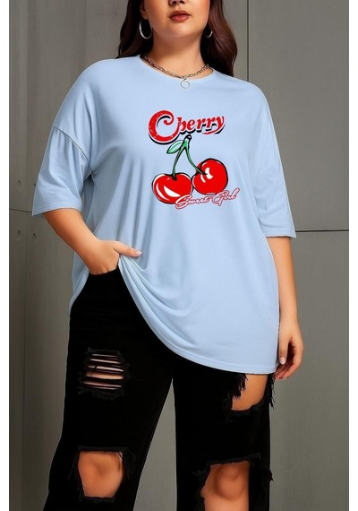 Benroma Büyük Beden Cherry Kiraz Baskılı Unisex Tişört Bebe Mavisi