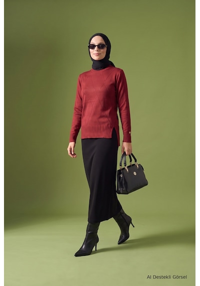 Armine Trend Geometrik Desenli Bisiklet Yaka Uzun Kollu Yan Yırtmaçlı Tunik Bordo 26ktd415 Armine Trend Geometrik Desenli Bisiklet Yaka Uzun Kollu Yan Yırtmaçlı Tunik Bordo 26ktd415