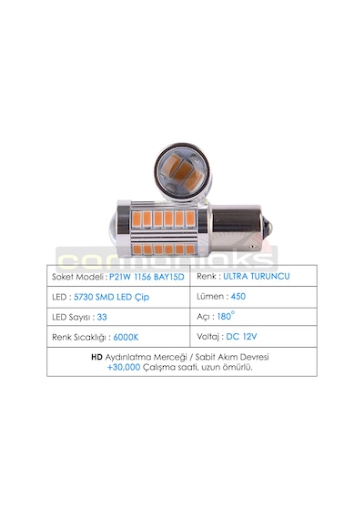 P21W 1156 Ba15S Tek Duy Stop Sinyal Geri Vites Ampulü Turuncu 33 Led