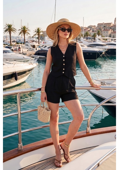 Lela Pamuk Ve Keten Karışımlı Slim Fit Yelek Şort Bayan Takım 5866118 Siyah
