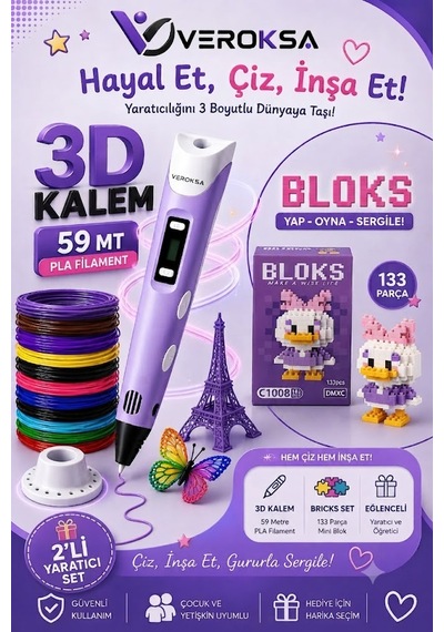 Mor 3d Kalem + 133 Parça Bloks Seti Yaratıcılığını 3 Boyutlu Dünyaya Taşı Ördek