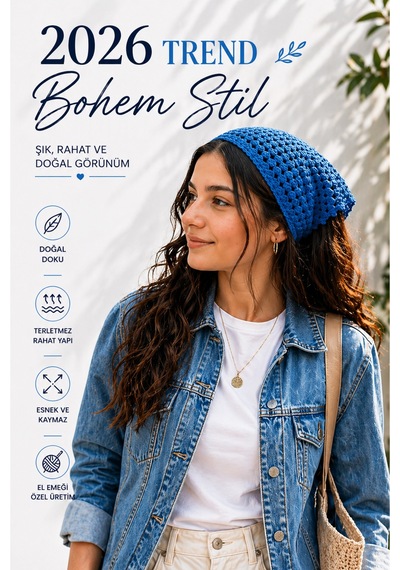 Kadın El Örgüsü Saç Bandanası Bohem Bone Yazlık Kombin Bandana Saç Aksesuarı Mavi Renk Beyaz