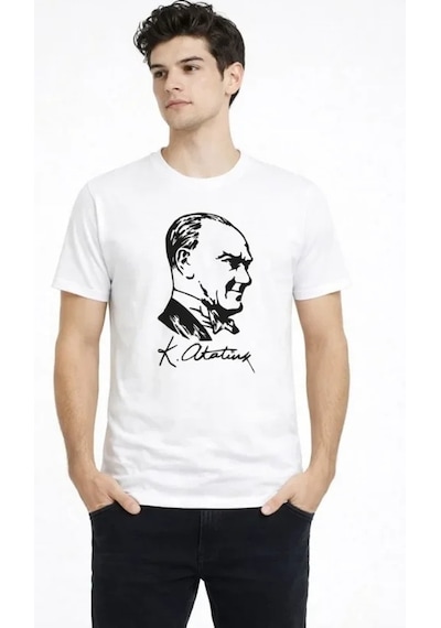 Valensdesign Erkek Atatürk Baskılı Tişört Kısa Kollu Bisiklet Yaka T-shirt - Beyaz
