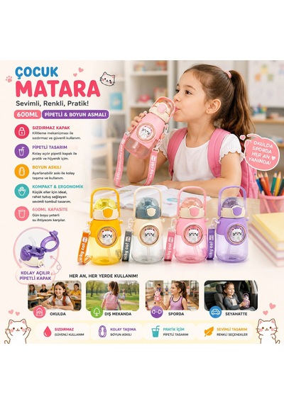 Yakut-14016 Çocuk Matara 600ml Suluk Renkli Tombul Tutmalı Plastik Pipetli Kedi Figür Boyun Asmalı Diğer