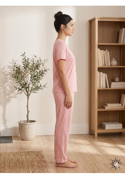 Sleeproom Yazlık Pembe Çiçek Desenli Kısa Kol Penye %100 Pamuk Pijama Takım Pembe Fuşya Çıtır Çiçek