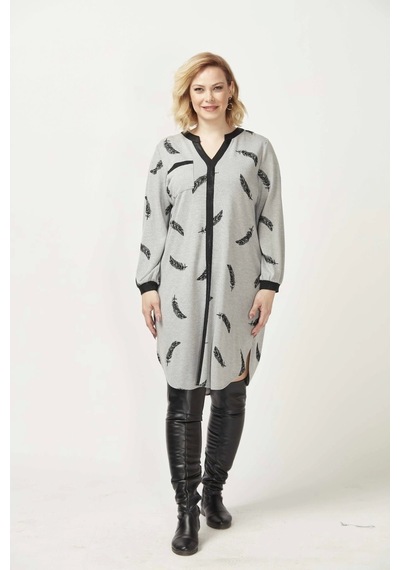 Moda Berray 1956 Gri Tüy Desenli Uzun Kollu Esnek Büyük Beden Triko Elbise Gri