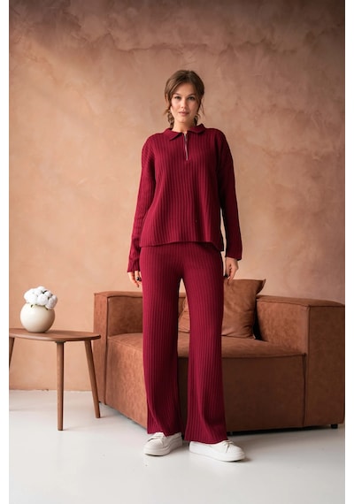 Park Karon Kadın Bordo Polo Yaka Oversize Kazak Pantolon Triko Alt-üst Takım 10955 Bordo