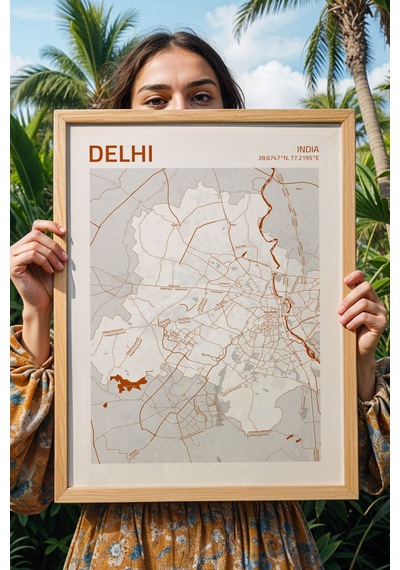 Delhi Hindistan India Haritası Çerçeveli Tablo Lüks Salon Ofis Duvar Dekorasyonu Hediyelik Tablo Kayın